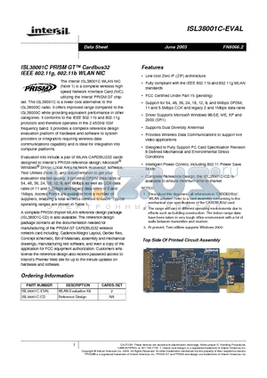 ISL38001C-CD datasheet - ISL38001C PRISM GT Cardbus32 IEEE 802.11g, 802.11b WLAN NIC