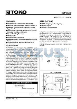 TK11850LTL datasheet - WHITE LED DRIVER