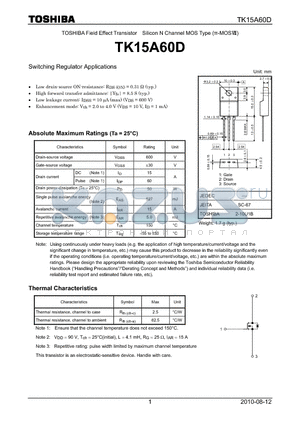 TK15A60D datasheet - Switching Regulator Applications