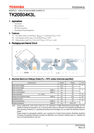 TK20S04K3L datasheet - Switching Voltage Regulators