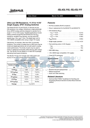 ISL43L110IHZ-T datasheet - Ultra Low ON-Resistance, 1.1V to 4.5V Single Supply, SPST Analog Switches