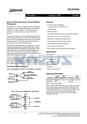 ISL5100A datasheet - Quad 18V Pin Electronics Driver/Window Comparator