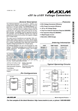 MAX680CPA datasheet - 5V to a10V Voltage Converters