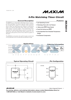 MAX6814XK-T datasheet - 5-Pin Watchdog Timer Circuit