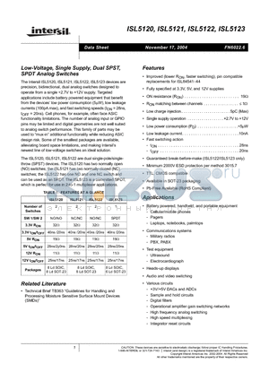 ISL5123IH-T datasheet - Low-Voltage, Single Supply, Dual SPST, SPDT Analog Switches