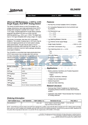 ISL54050IRUZ-T datasheet - Ultra Low ON-Resistance, 1.65V to 4.5V, Single Supply, Dual SPDT Analog Switch