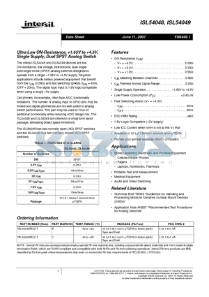 ISL54048IRUZ-T datasheet - Ultra Low ON-Resistance, 1.65V to 4.5V, Single Supply, Dual SPST Analog Switch