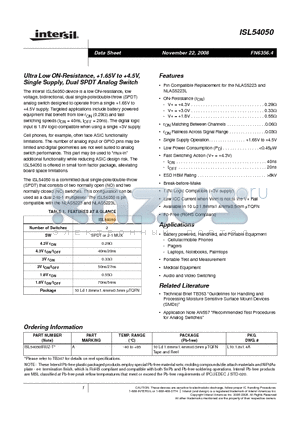 ISL54050IRUZ-T datasheet - Ultra Low ON-Resistance, 1.65V to 4.5V, Single Supply, Dual SPDT Analog Switch