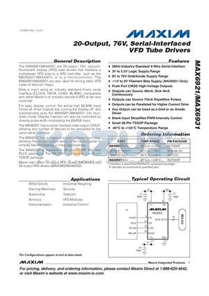 MAX6921AWI datasheet - 20-Output, 76V, Serial-Interfaced VFD Tube Drivers