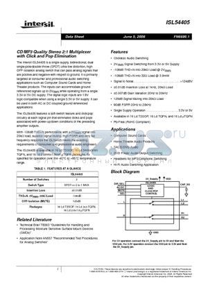 ISL54405 datasheet - CD/MP3 Quality Stereo 2:1 Multiplexer with Click and Pop Elimination