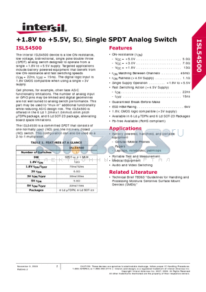 ISL54500 datasheet - 1.8V to 5.5V, 5OHM, Single SPDT Analog Switch