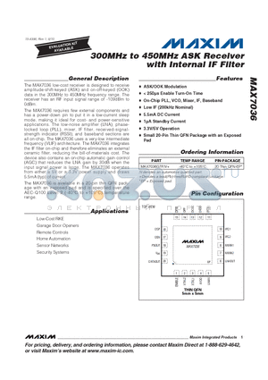 MAX7036GTP/V+ datasheet - 300MHz to 450MHz ASK Receiver with Internal IF Filter