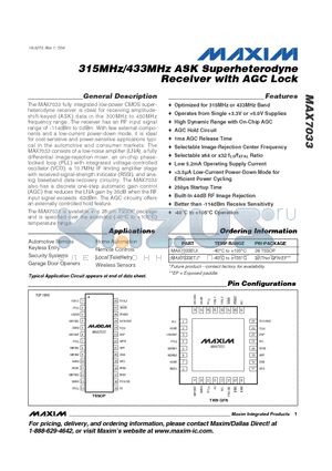 MAX7033ETJ datasheet - 315MHz/433MHz ASK Superheterodyne Receiver with AGC Lock