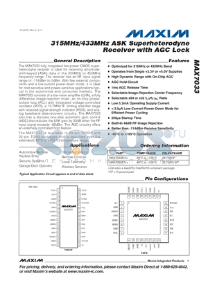 MAX7033EUI+ datasheet - 315MHz/433MHz ASK Superheterodyne Receiver with AGC Lock