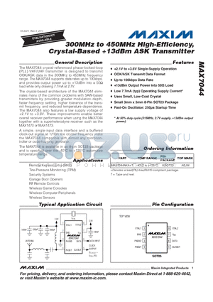 MAX7044AKA datasheet - 300MHz to 450MHz High-Efficiency, Crystal-Based 13dBm ASK Transmitter