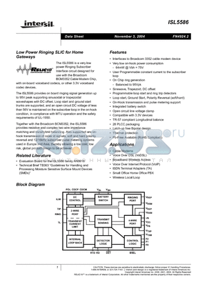 ISL5586 datasheet - Low Power Ringing SLIC for Home Gateways