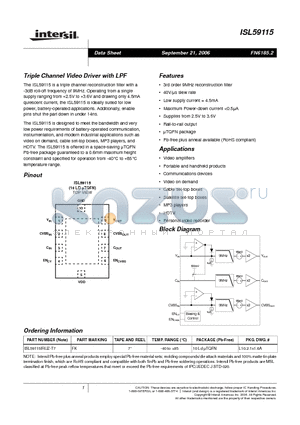 ISL59115IRUZ-T7 datasheet - Triple Channel Video Driver with LPF