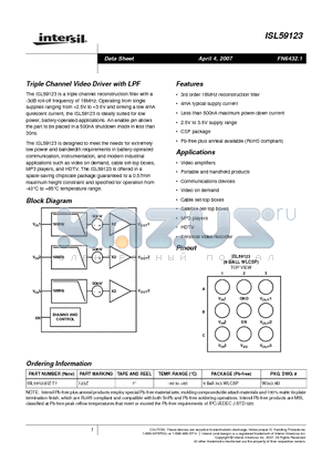 ISL59123 datasheet - Triple Channel Video Driver with LPF