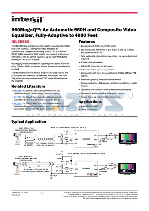 ISL59960IRZ-T7 datasheet - 960MegaQ: An Automatic 960H and Composite Video Equalizer, Fully-Adaptive to 4000 Feet