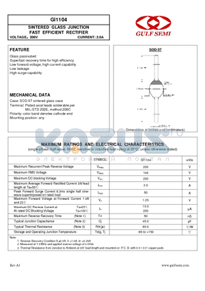 GI1104 datasheet - SINTERED GLASS JUNCTION FAST EFFICIENT RECTIFIER VOLTAGE200V CURRENT: 2.0A