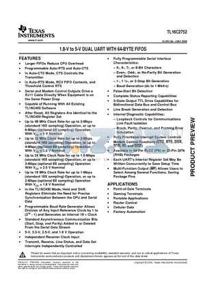 TL16C2752 datasheet - 1.8-V to 5-V DUAL UART WITH 64-BYTE FIFOS