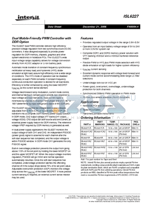 ISL6227 datasheet - Dual Mobile-Friendly PWM Controller with DDR Option