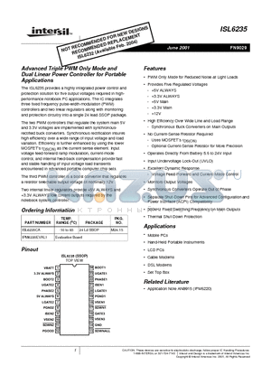 ISL6235CA datasheet - Advanced Triple PWM Only Mode and Dual Linear Power Controller for Portable Applications