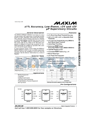 MAX815 datasheet - a1% Accuracy, Low-Power, 3V and 5V lP Supervisory Circuits