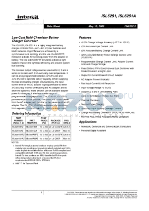 ISL6251AHAZ datasheet - Low Cost Multi-Chemistry Battery Charger Controller