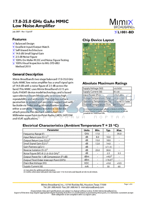 XL1001-BD-000V datasheet - 17.0-35.0 GHz GaAs MMIC Low Noise Amplifier