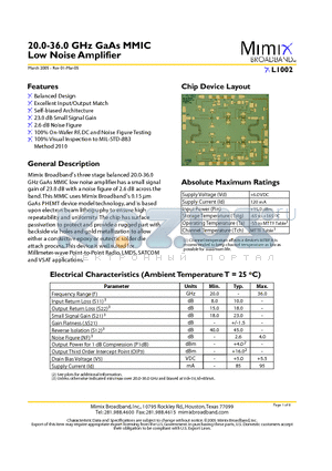 XL1002 datasheet - 20.0-36.0 GHz GaAs MMIC Low Noise Amplifier