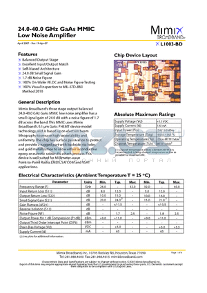 XL1003-BD datasheet - 24.0-40.0 GHz GaAs MMIC Low Noise Amplifier