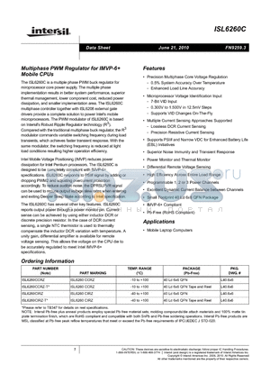 ISL6260CCRZ datasheet - Multiphase PWM Regulator for IMVP-6 Mobile CPUs