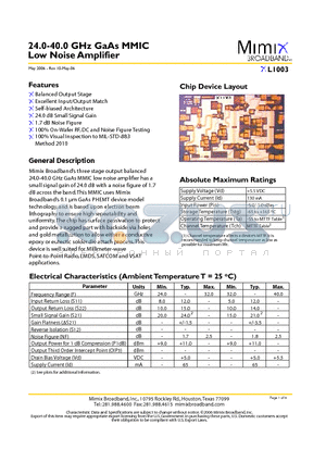 XL1003 datasheet - 24.0-40.0 GHz GaAs MMIC Low Noise Amplifier