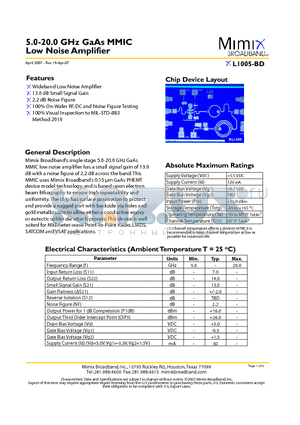 XL1005-BD-EV1 datasheet - 5.0-20.0 GHz GaAs MMIC Low Noise Amplifier