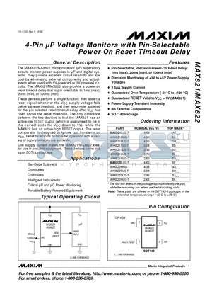 MAX821 datasheet - 4-Pin lP Voltage Monitors with Pin-Selectable Power-On Reset Timeout Delay