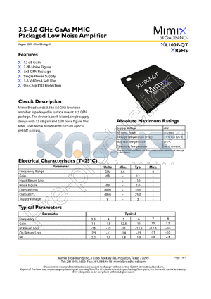 XL1007-QT-0G0T datasheet - 3.5-8.0 GHz GaAs MMIC Packaged Low Noise Amplifier