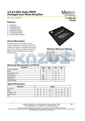 XL1007-QT-EV1 datasheet - 3.5-8.0 GHz GaAs MMIC Packaged Low Noise Amplifier