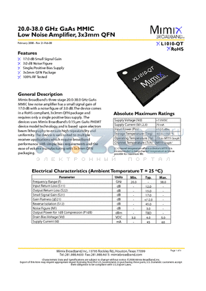 XL1010-QT-EV1 datasheet - 20.0-38.0 GHz GaAs MMIC Low Noise Amplifier, 3x3mm QFN