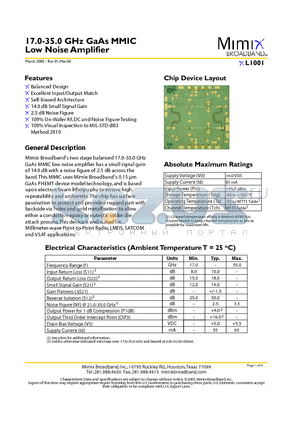 XL1001 datasheet - 17.0-35.0 GHz GaAs MMIC Low Noise Amplifier