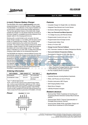 ISL6292BCR-T datasheet - Li-ion/Li Polymer Battery Charger