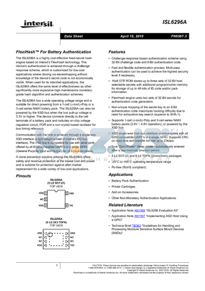 ISL6296ADRTZ-T datasheet - FlexiHash For Battery Authentication