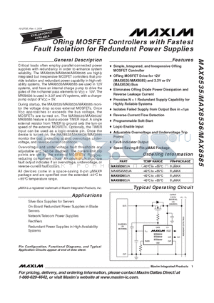 MAX8535 datasheet - ORing MOSFET Controllers with Fastest Fault Isolation for Redundant Power Supplies