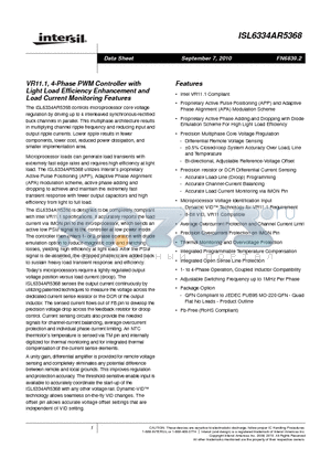 ISL6334ACRZR5368 datasheet - VR11.1, 4-Phase PWM Controller with Light Load Efficiency Enhancement and Load Current Monitoring Features