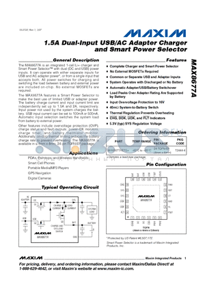 MAX8677AETG+ datasheet - 1.5A Dual-Input USB/AC Adapter Charger and Smart Power Selector