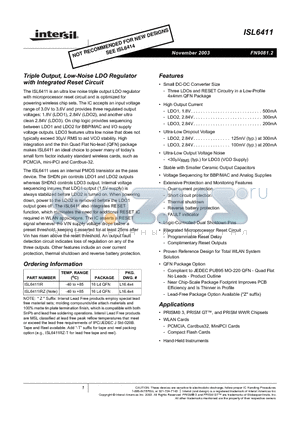 ISL6411 datasheet - Triple Output, Low-Noise LDO Regulator with Integrated Reset Circuit