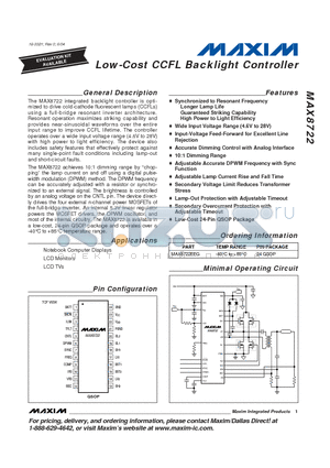 MAX8722 datasheet - Low-Cost CCFL Backlight Controller