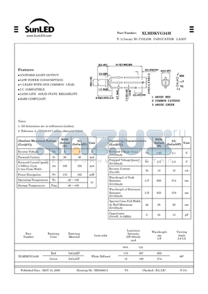 XLMDKVG34M datasheet - T-1(3mm) BI-COLOR INDICATOR LAMP