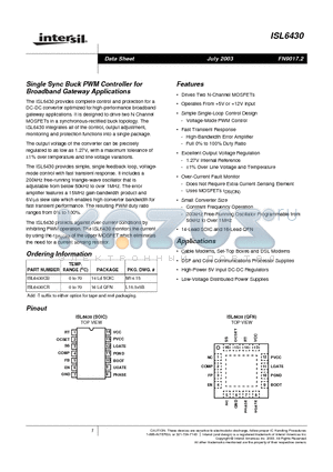 ISL6430CB datasheet - Single Sync Buck PWM Controller for Broadband Gateway Applications