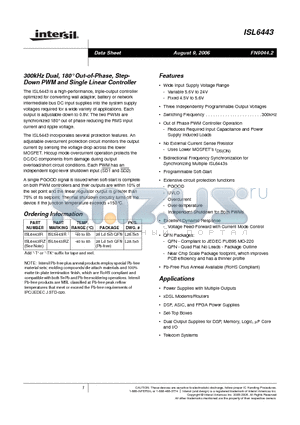 ISL6443IRZ datasheet - 300kHz Dual, 180` Out-of-Phase, Step- Down PWM and Single Linear Controller